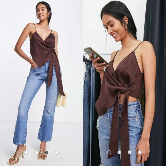 NWT ASOS Chocolate Brown Drape Asymmetric Wrap Cami Tank Top Size 4 US - Picture 1 of 3